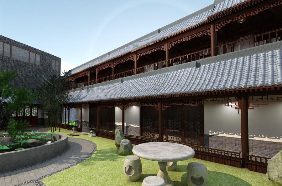 养老院四合院中间庭院景观装修效果图