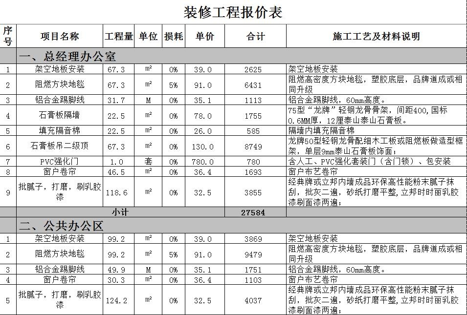 办公室装修报价表