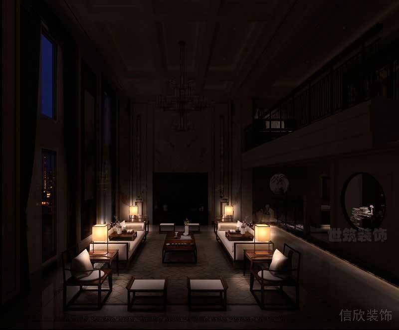 新中式风格别墅客厅夜景灯光效果图