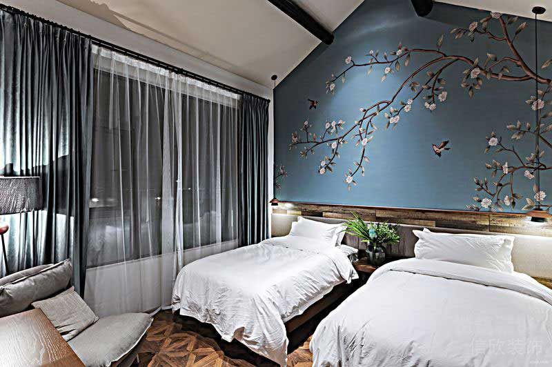 新中式风格民宿空间双人房睡床