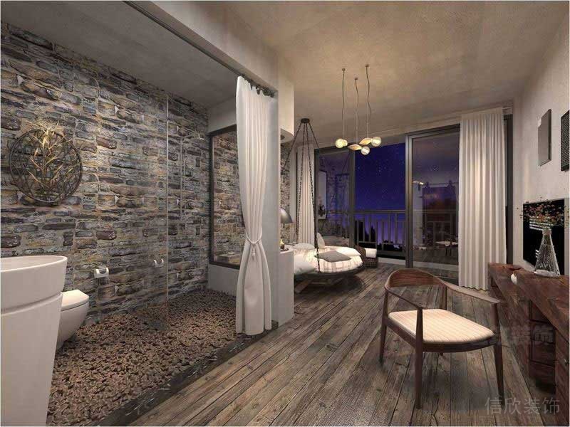 新中式风格民宿空间主题套房特色淋浴区
