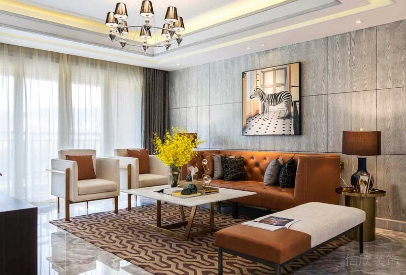 深圳龙华观澜现代轻奢家庭别墅装饰设计客厅橙色沙发