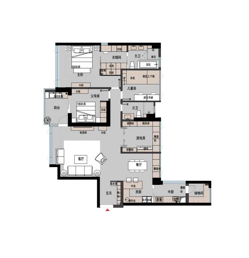 最终定稿平面布置图，1.在玄关处增加鞋柜的功能，同时做隔断，围合式玄关，化解进门正对主卧门的问题。2.保留储物间，将原生活阳台扩大作为中厨功能，将原厨房改造为带中岛台的西厨，将厨房功能进行划分。3.靠近餐厅的房间在设计师的建议下做成目前的游戏房，活动室和临时客房使用，将动静区划分。4.主卧在保证主卫的舒适尺度下扩大衣帽间的区域，衣帽间共做三排大衣柜，大大增加收纳空间。同时各个房间的储物空间也逐步增加，但在公共区域部分做了适当的储物后还是以舒适休闲家庭聚会为主没有处处都堆满储物柜造成拥挤的视觉感。