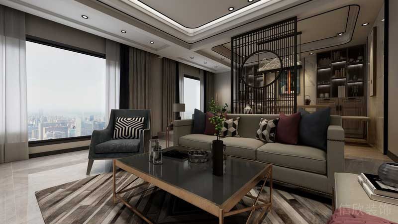 深圳市罗湖区新中式家庭住房旧房改造客厅软装陈设设计效果图