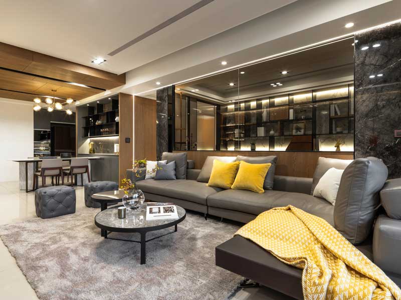 深圳罗湖区现代风格100平方家庭装修工程案例转角沙发