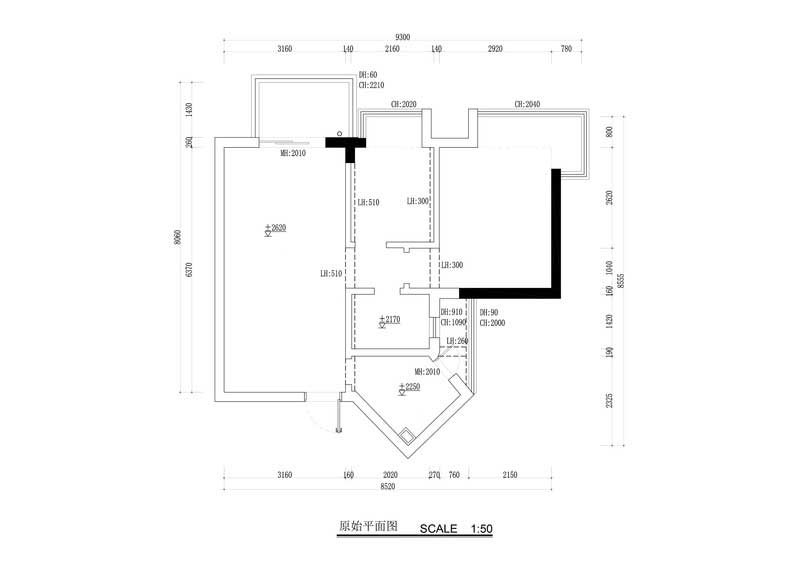 原始平面图： 1. 大门口没有玄关 2. 厨房太小，不够放电器和基本的操作 3. 卫生间大小不够干湿分离 4. 主卧的家具摆放衣柜的布置都有局限 5. 次卧面积太小，无法满足大量储物的同时又能作为客房的需求