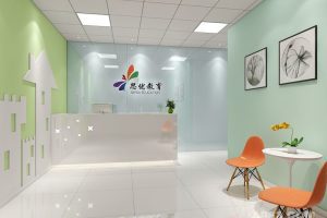 培训机构装修设计马卡龙色系光面地板墙体效果图大厅休息区