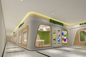 儿童培训机构装修木质墙体玻璃隔断教室大理石黑白色调瓷砖铺贴设计
