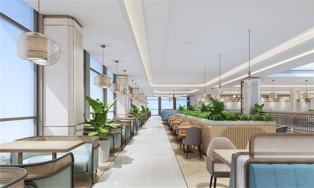 深圳龙华写字楼轻奢风员工餐厅装修设计绿植装饰