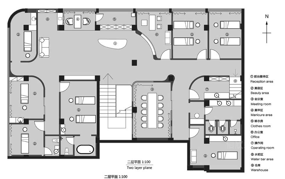 200平方米美容店二楼平面图