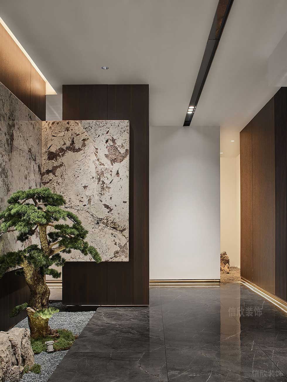 现代中式风格办公室走廊绿植景观效果图