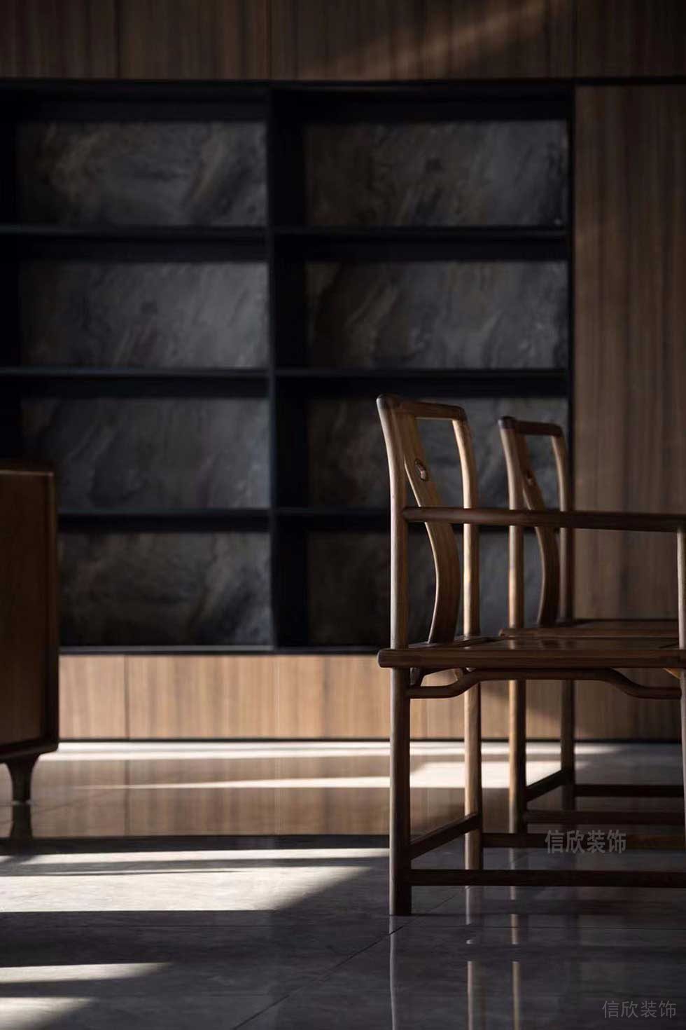 新中式风格办公空间茶室实木官帽椅效果图