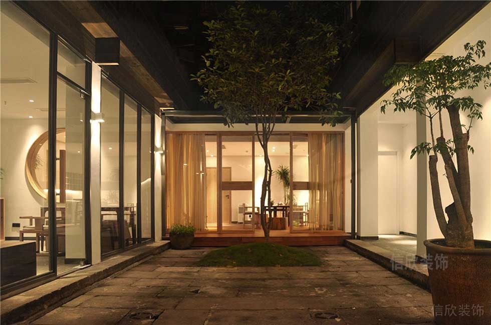 新中式风格办公室中庭园林休闲区装修图