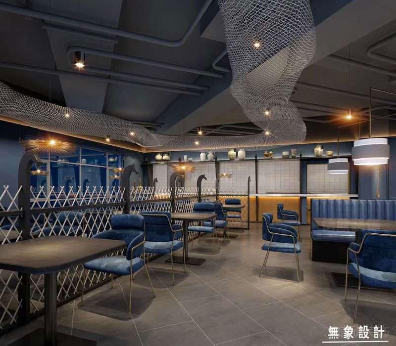 罗湖餐厅装修烧烤店设计效果图蓝色餐椅