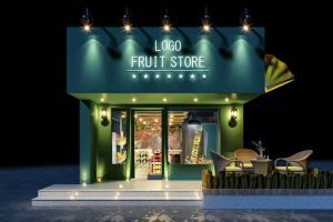 绿色店铺装修效果图花店装修户外休息区台阶独立大理石效果