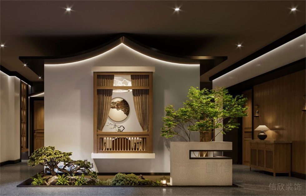 深圳宝安新中式风格渝派川菜餐厅装修设计前厅绿植水景效果图