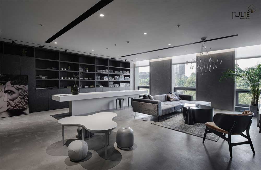 深圳光明现代风格暗色系办公室设计装修-休息区