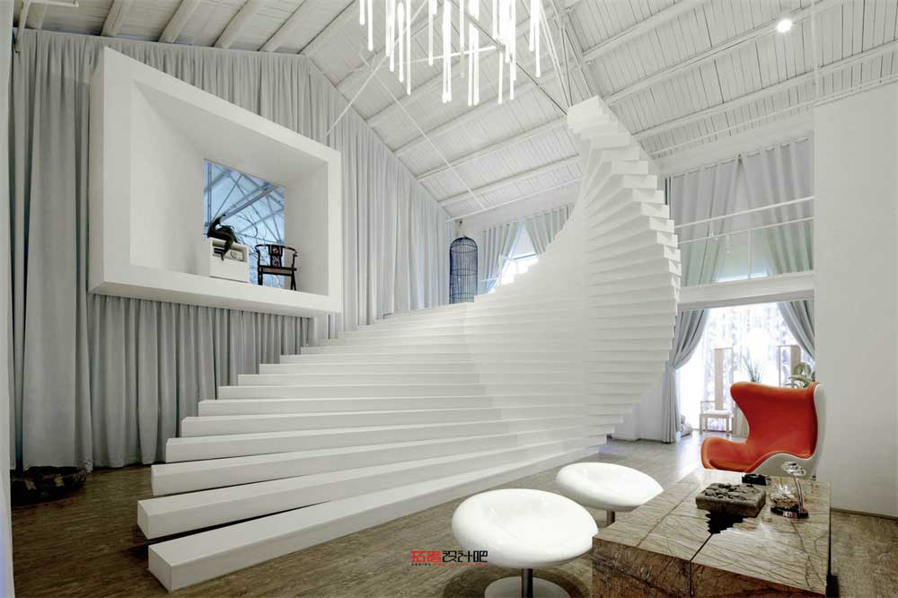 深圳龙岗500平方新中式风格办公室装修前厅白色旋转楼梯