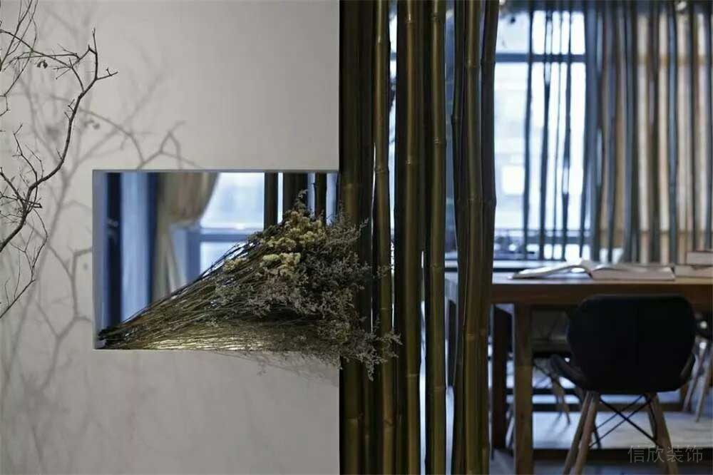 新中式自然竹制镂空墙体工作室隔断装修效果