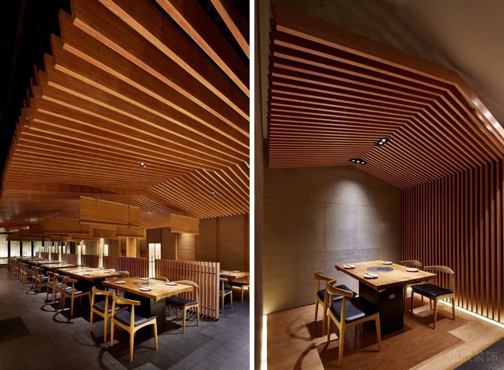 深圳南山卓越维港日式风格烤肉餐厅装修案例实木格栅造型