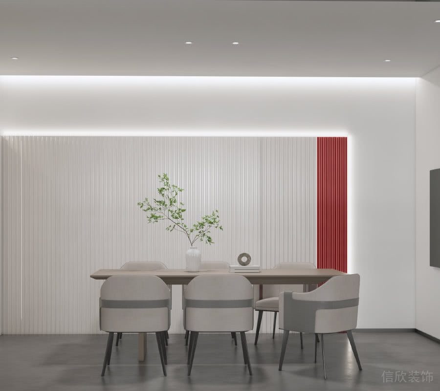 餐厅白色和红色格栅板背景墙装修图