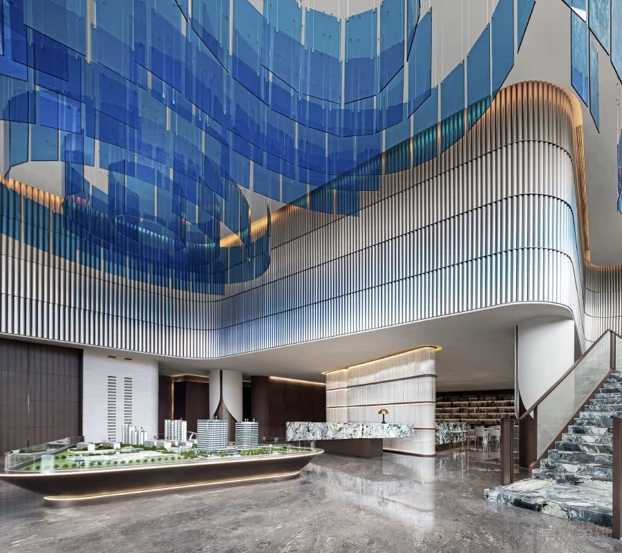 售楼处装修蓝色亚克力灯饰三角形沙盘