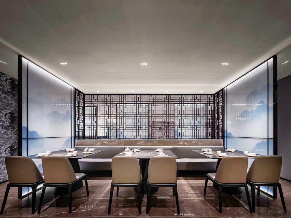 深圳龙华保利悦都现代新中式风格江浙菜餐厅装修案例二层用餐大厅订制卡座效果图