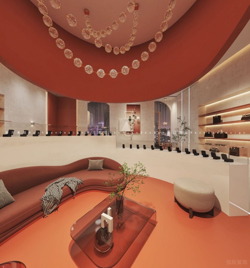 深圳市龙岗区布吉现代轻奢风奢侈品店橙色沙发效果图