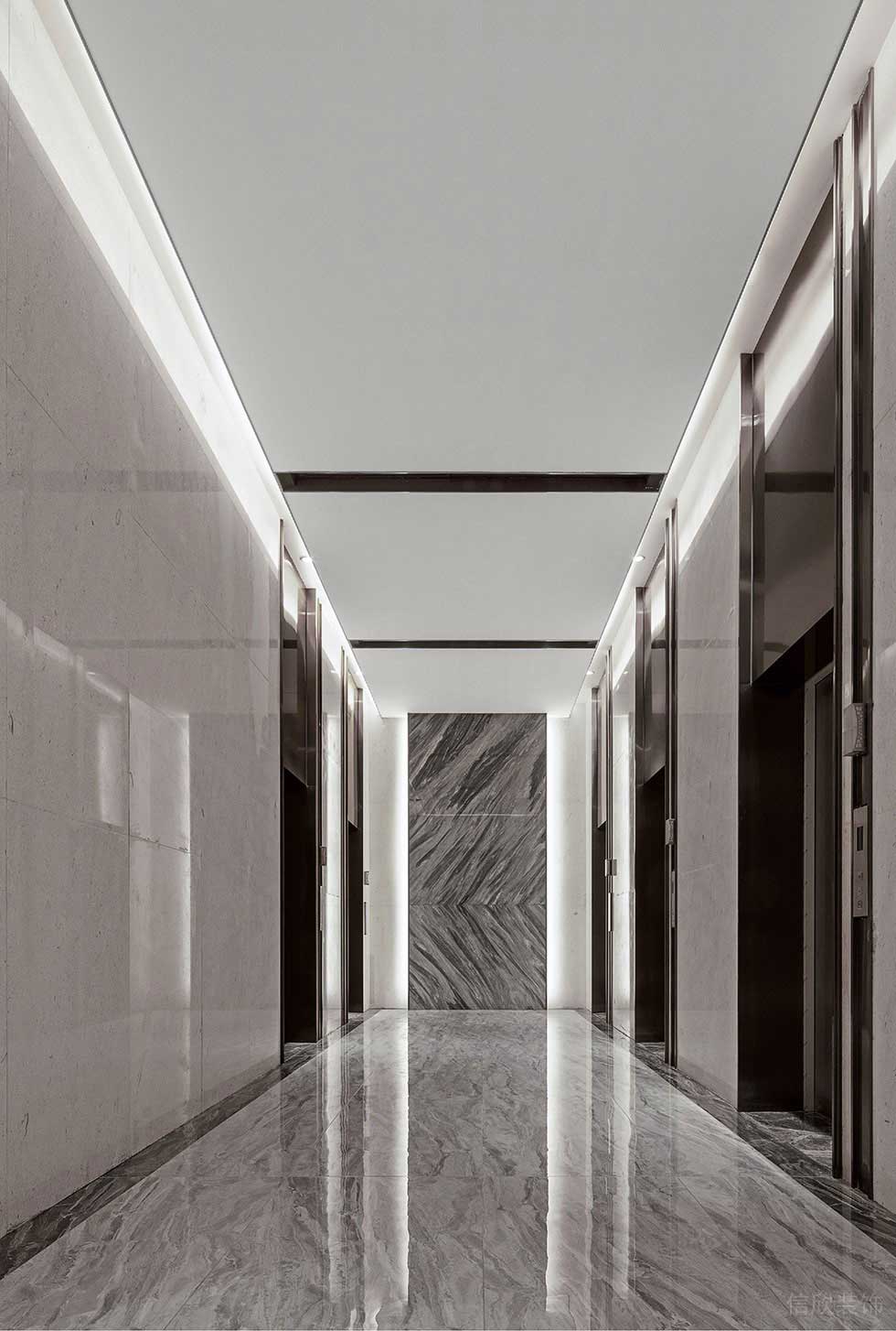 深圳福田卓越世纪中心800平方米现代新中式风格办公室装修案例电梯间