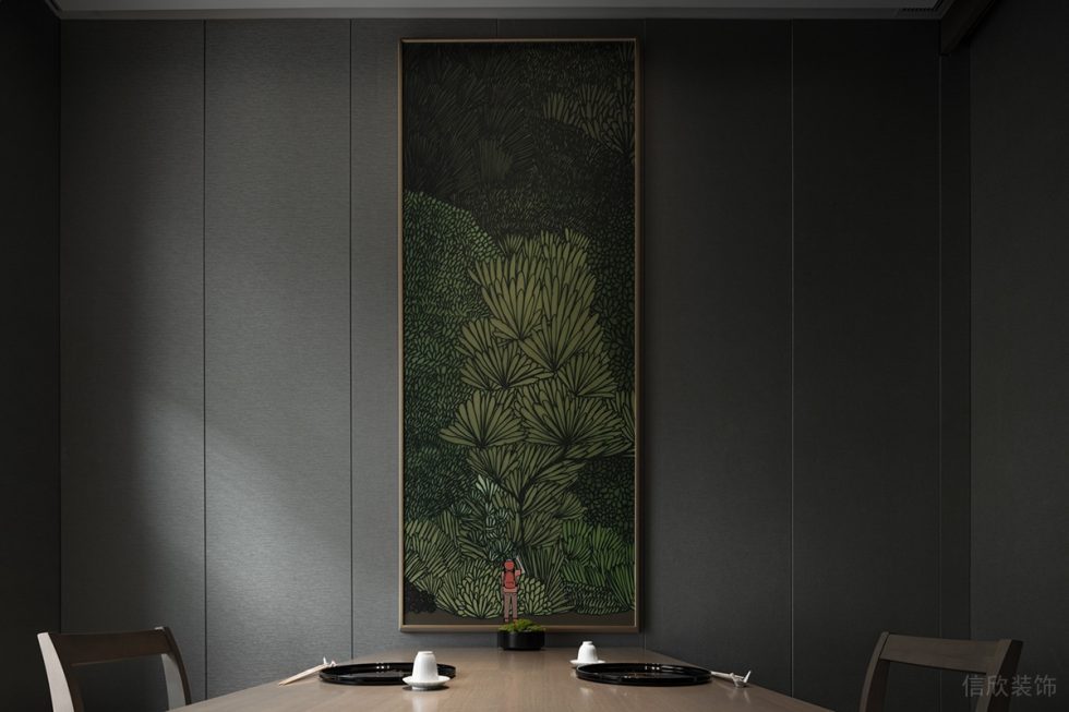 深圳龙华日式风格餐厅黑色绿盎包间设计装修