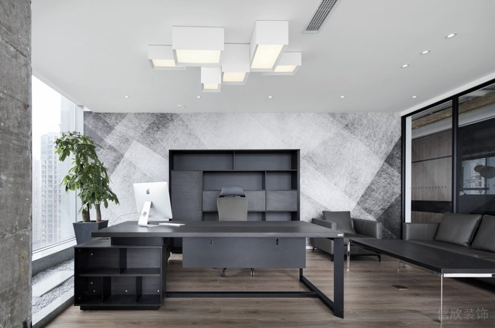 深圳龙华卫东龙商务大厦300平方米简约素色风格办公室装修案例经理办公室灰色艺术墙纸