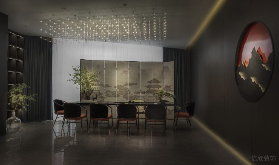 深圳龙华新中式风格餐厅中包深灰岩板高雅装修设计