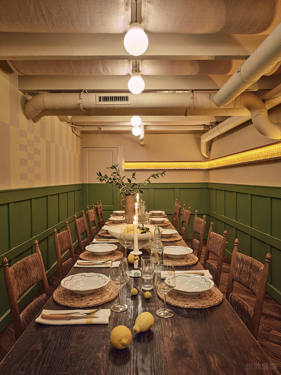 深圳南山现代欧式风餐厅绿色木制长桌设计装修