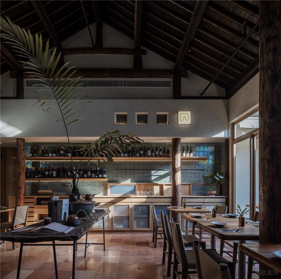 新中式田园风西餐厅原木色酒水区装修设计