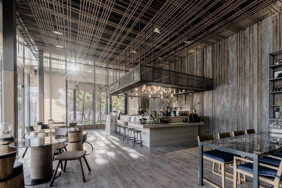 侘寂原木风咖啡厅线性天花造型设计图