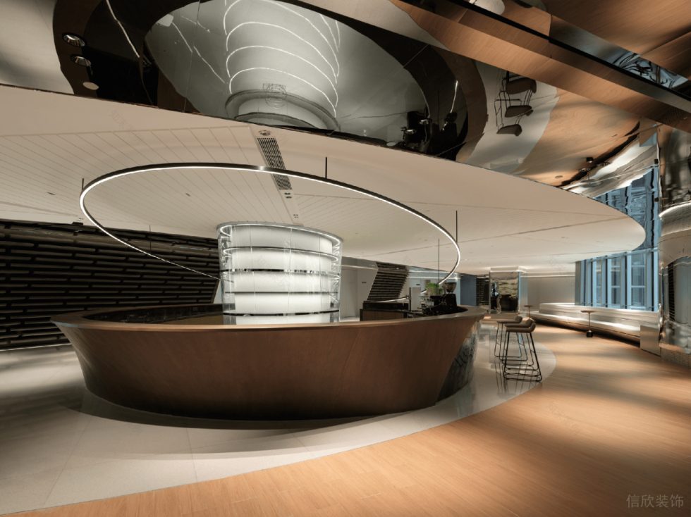 高级现代风办公室装修案例木纹色环形吧台