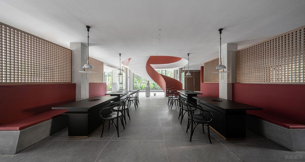 简约中式风中餐厅对称式大堂雅座区装修设计
