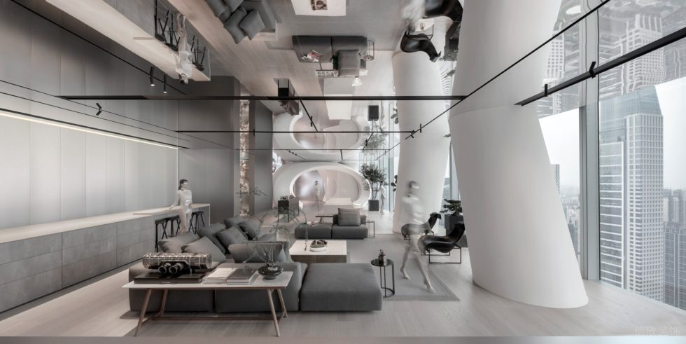 未来科技风办公室装修设计 接待区灰色沙发