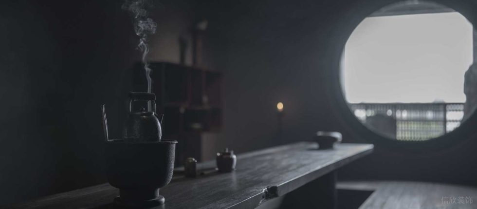 中式幽深禅意茶室装修设计 黑檀木茶桌