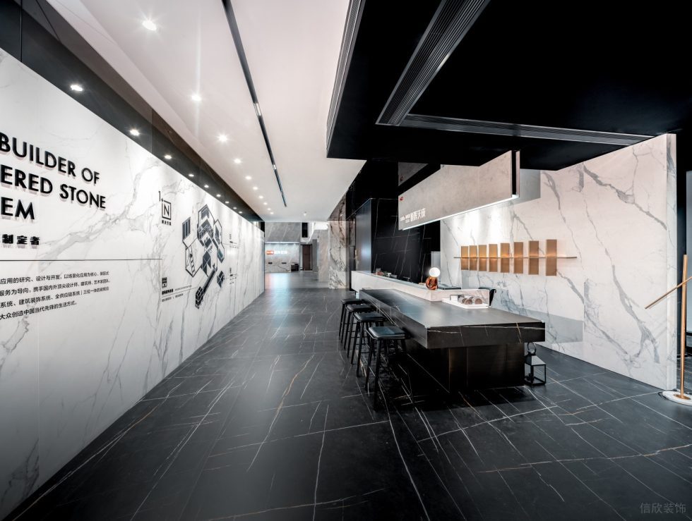 低奢时尚感岩板体验展厅装修设计 黑色不规则线条地板