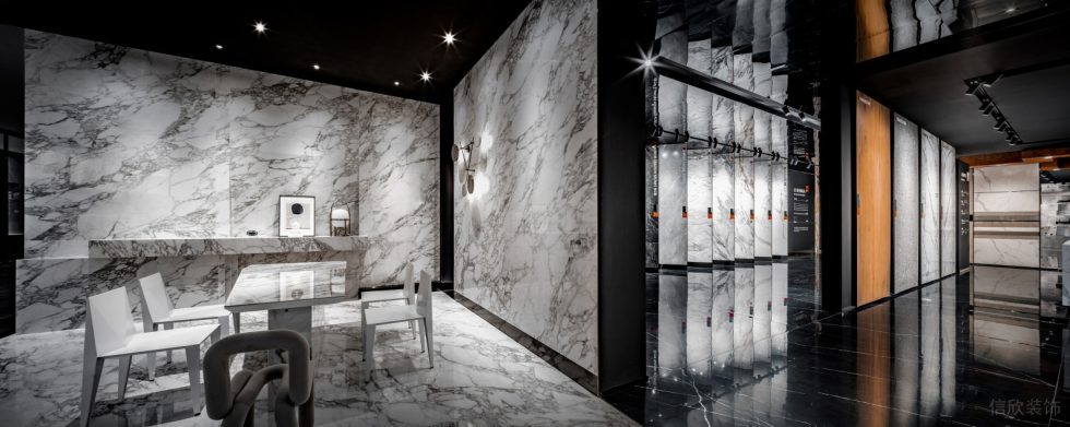 低奢时尚感岩板体验展厅装修设计 白底黑纹水墨感岩板