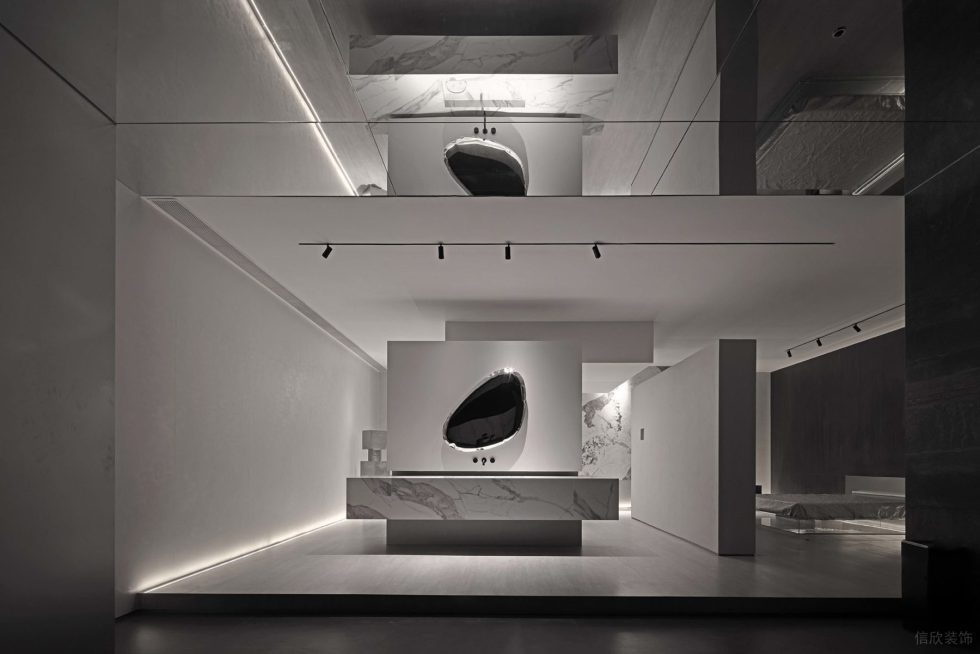 极简主义瓷砖展厅装修设计方案 白色灰纹大理石洗手台