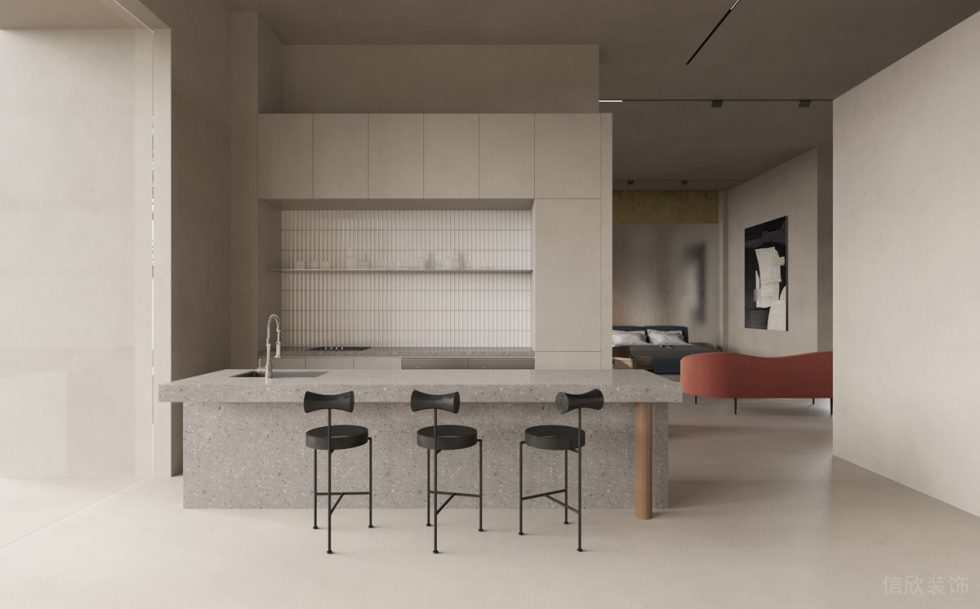 简约时尚风家居展厅装修设计案例 灰色石英石厨面白色细长砖背景
