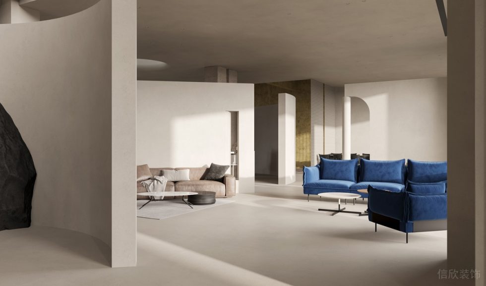 简约时尚风家居展厅装修设计案例 深蓝色绒布沙发