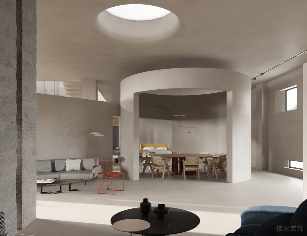 简约时尚风家居展厅装修设计案例 实木大圆桌椅子及灰色沙发