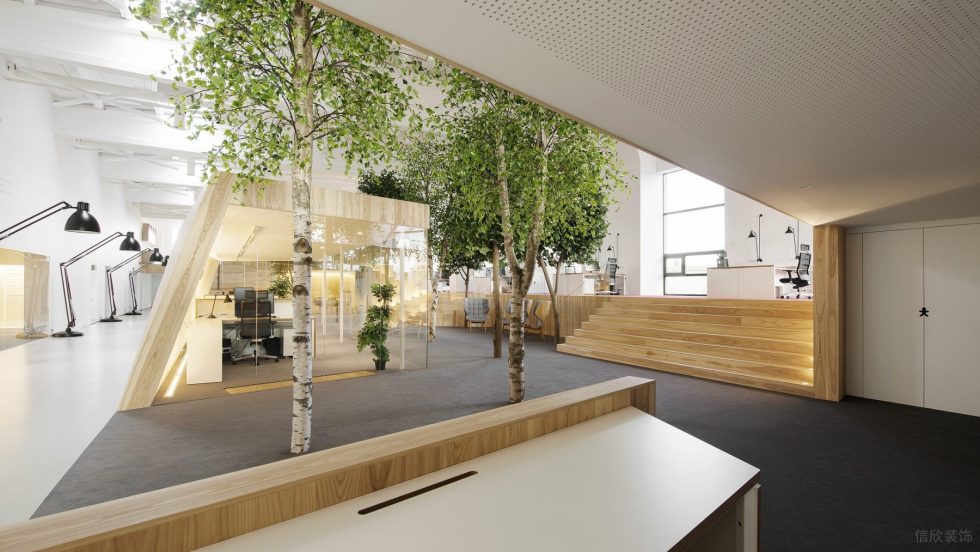 自然原木风办公室装修设计浅木色多功能办公大厅效果图