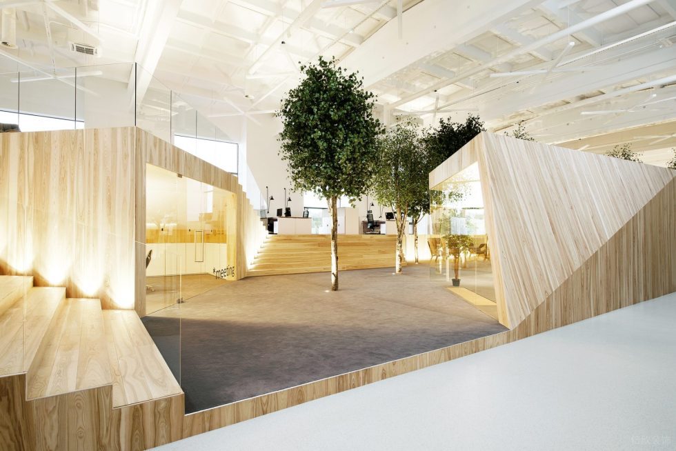 自然原木风办公室装修设计绿色仿真树