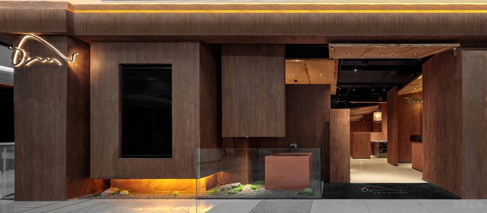 中式原木风中餐厅立体几何方块组成外墙设计效果图