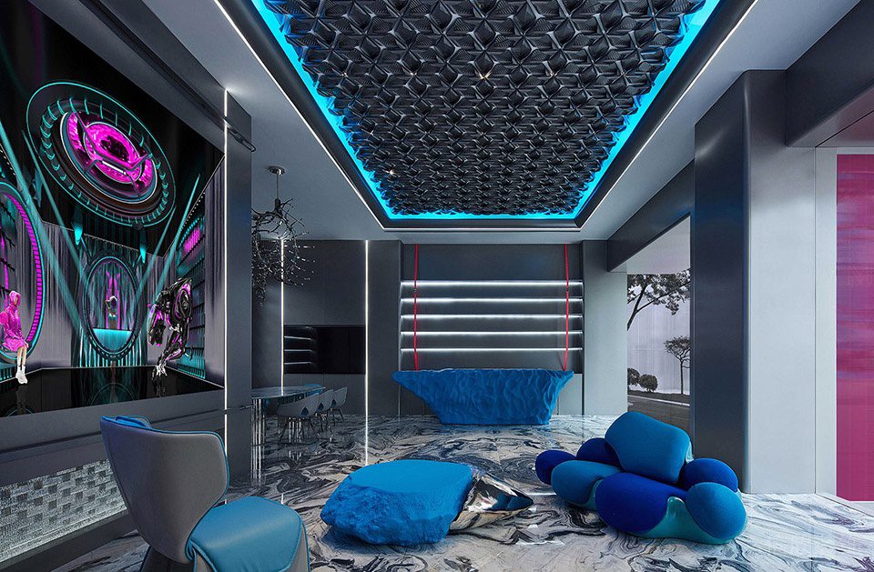 赛博朋克风格办公室装修设计宝蓝色艺术沙发组合