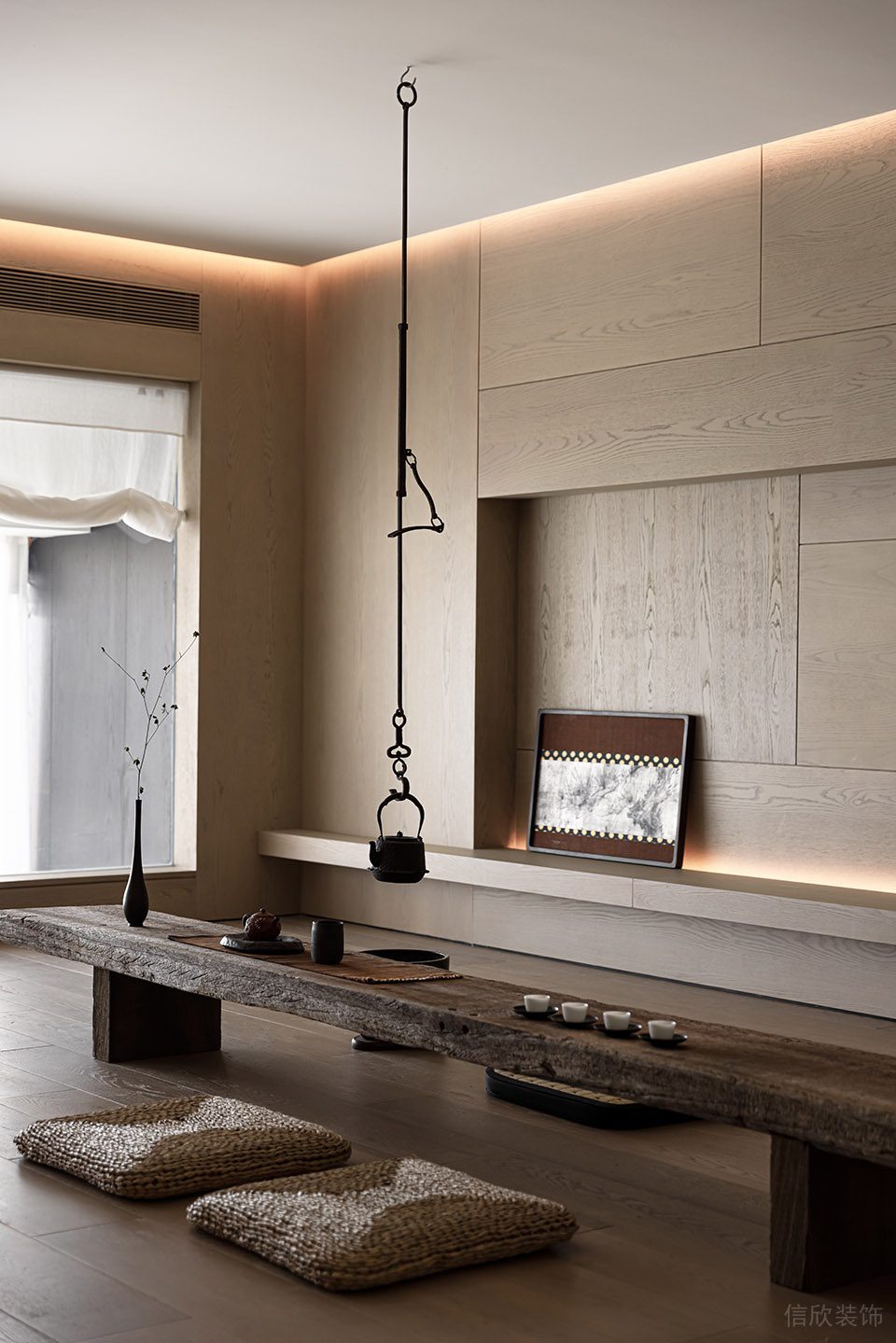 黑白灰抽象极简风办公室装修设计浅木色茶室